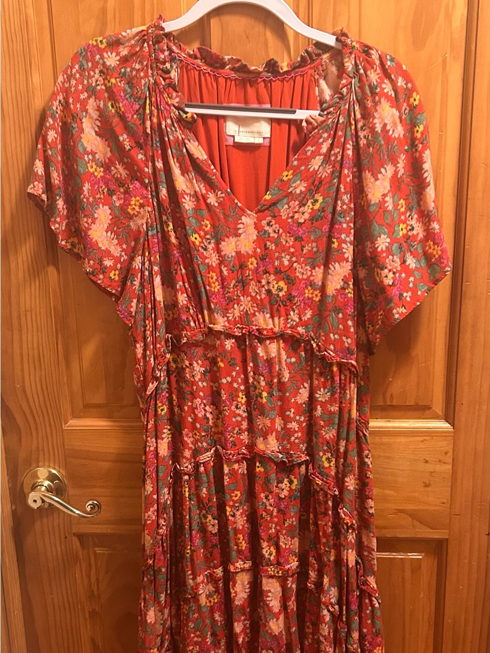 Anthropologie Ruffled Red Multi Colored Floral Midi Dress L - Picture 1 of 8